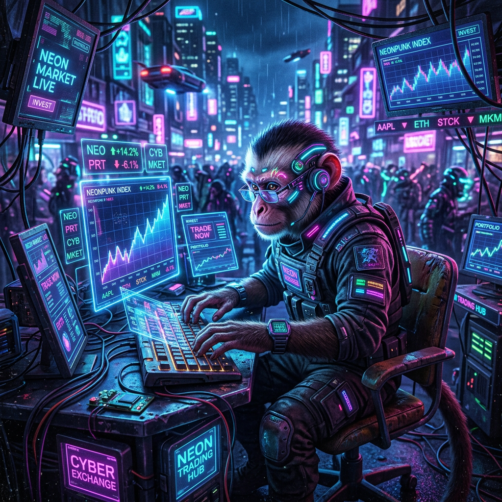 Cybernetic monkey wearing tech gear trading stocks on multiple neon screens