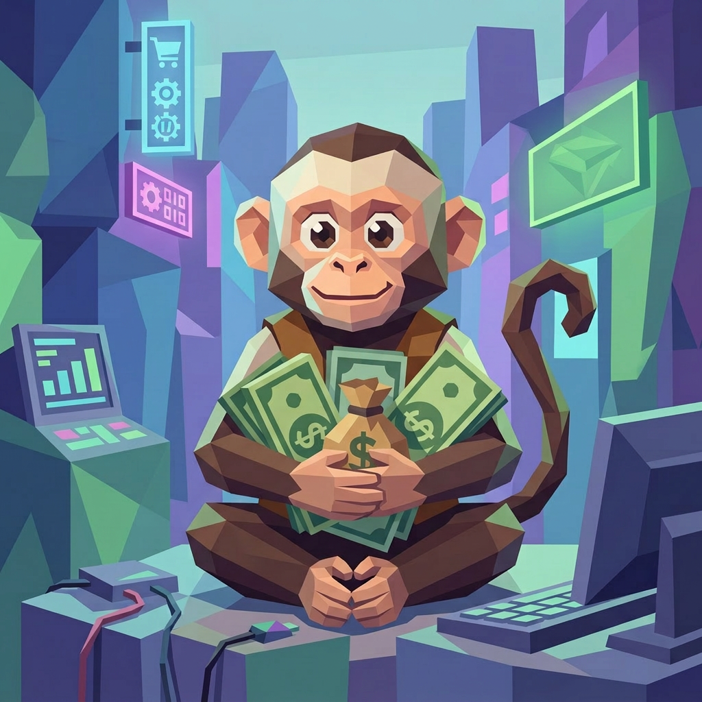 Polygonal monkey holding dollar bills and a money bag in a neon city